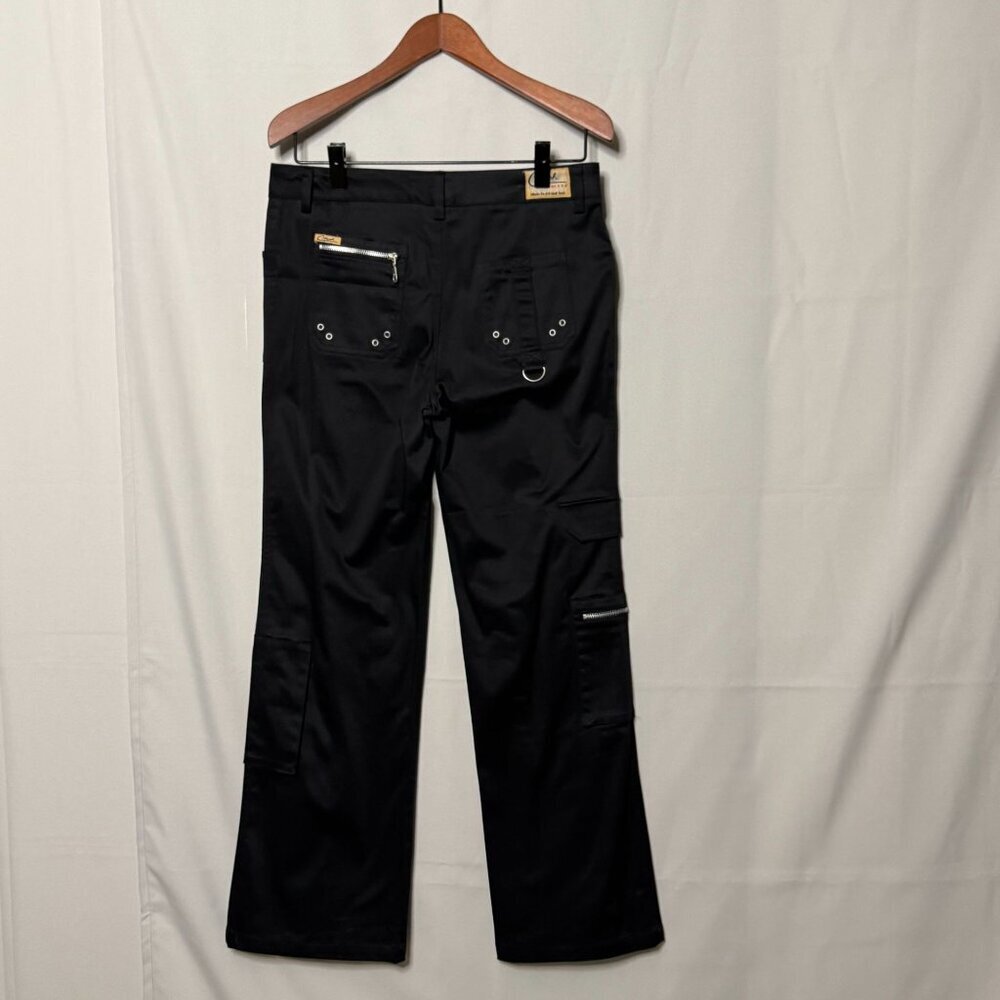 Y2K Clash Black Mid Rise Cargo Silver Zipper Hardware Flare Leg Pants Size 10 - Picture 9 of 17